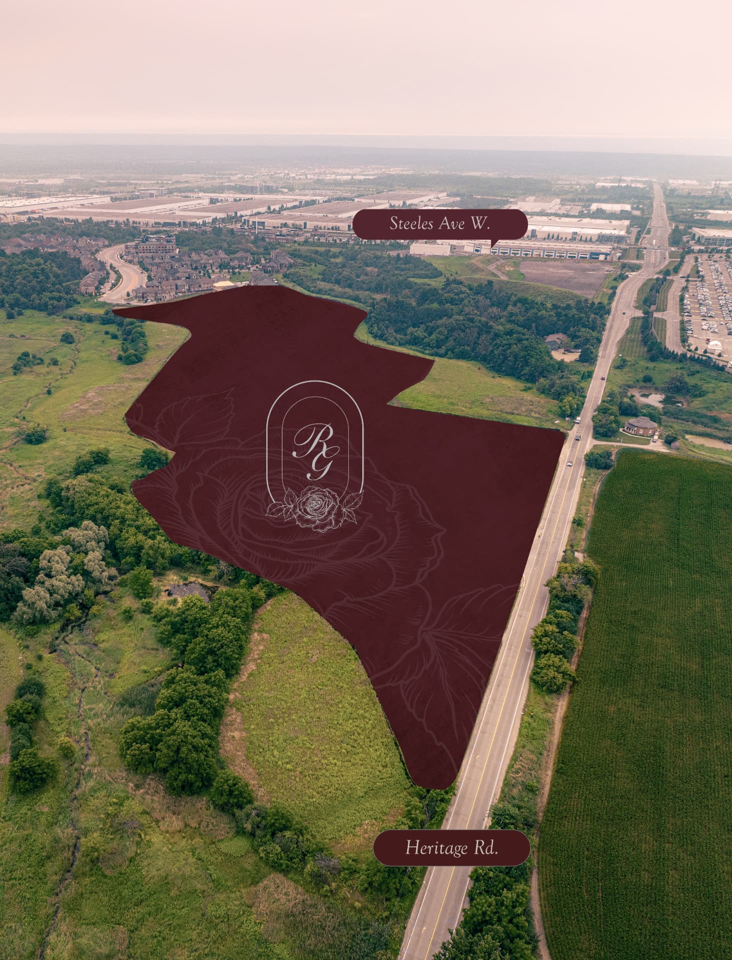 Official Rosemont Grove aerial site outline at Heritage Rd and Steeles Ave W in Bram West, Brampton
