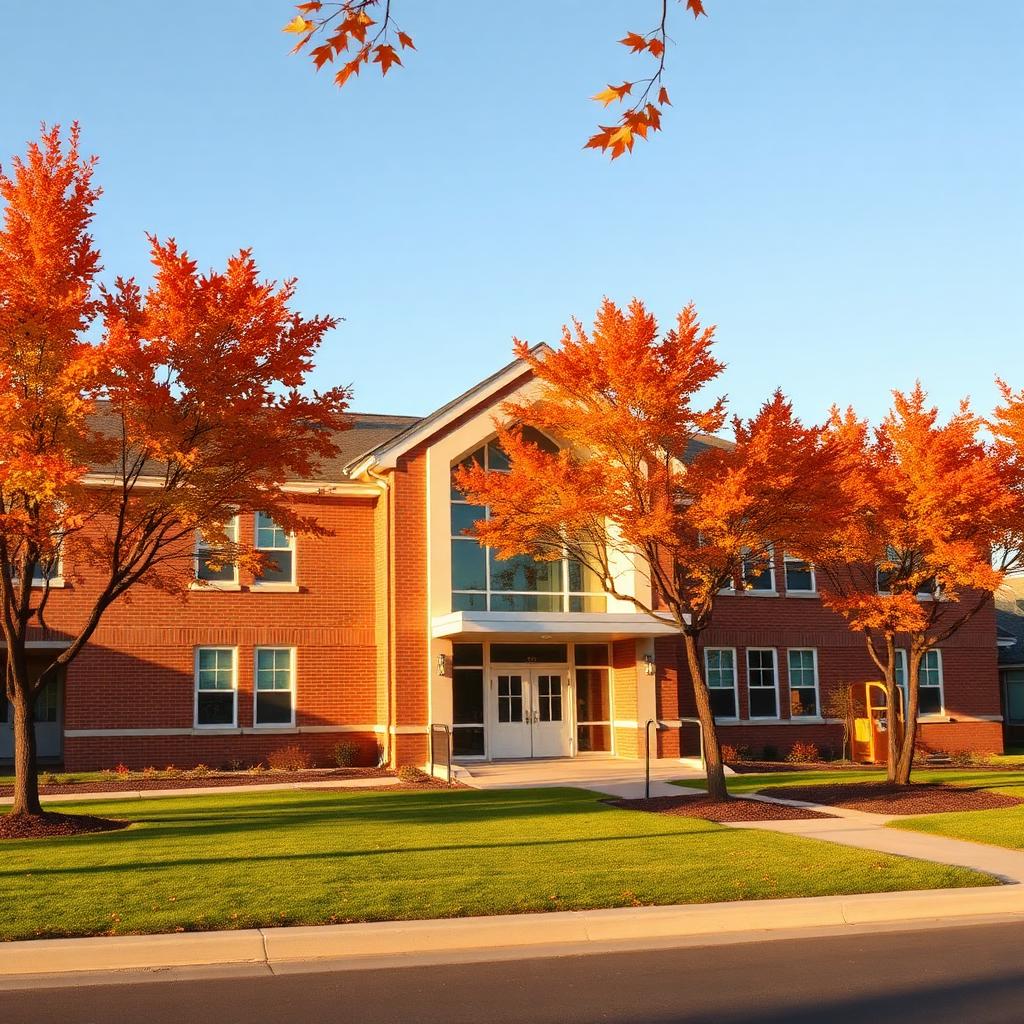Brick elementary school building framed by autumn maple trees