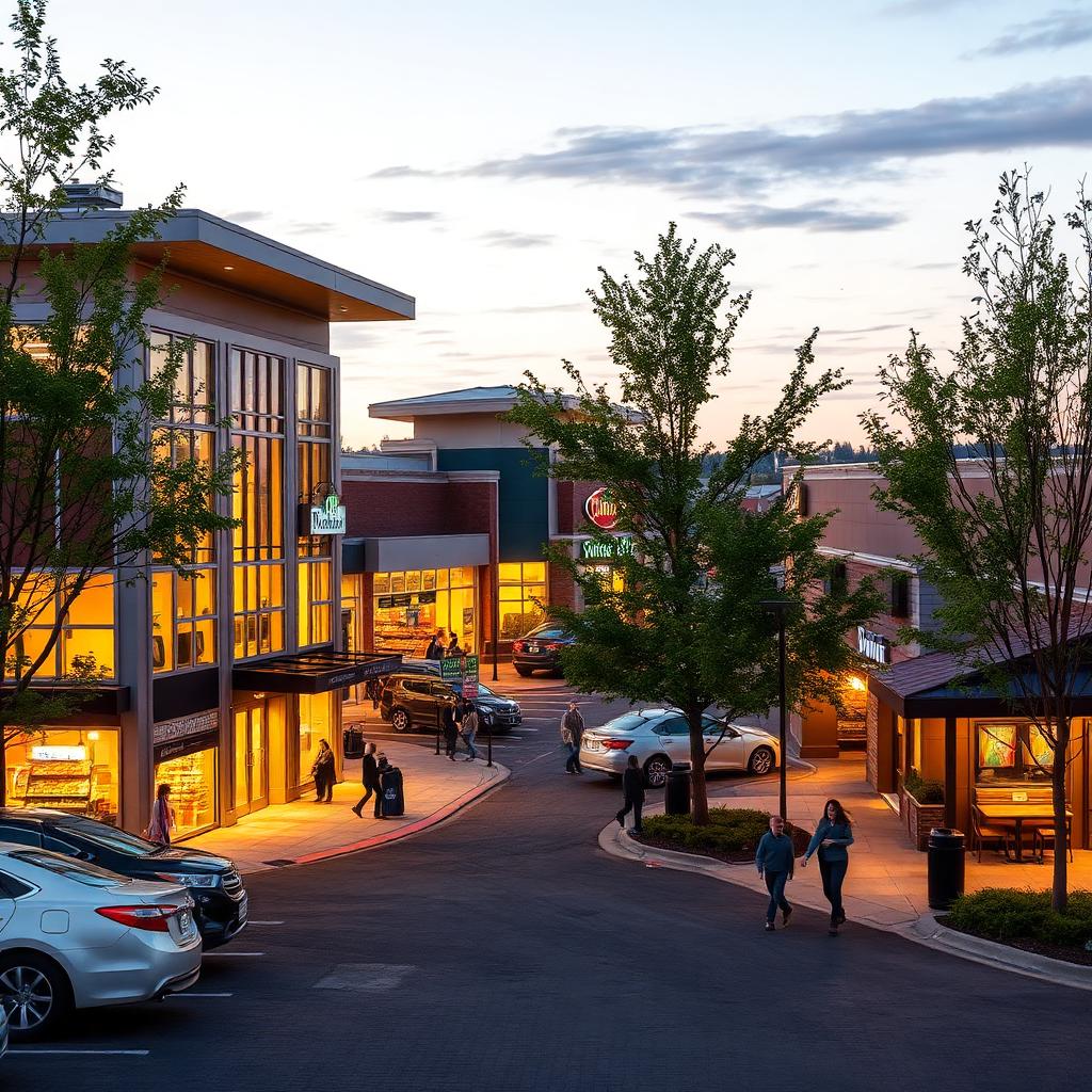 Upscale suburban shopping plaza at dusk with warm lighting